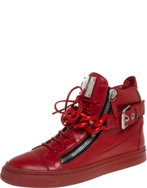 Giuseppe Zanotti Leather Chain Detail High Top Sneakers, Crafted Using The Finest Leather, Detailed With Belted Straps And Zippers