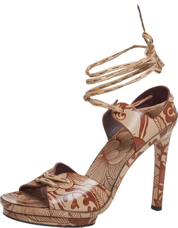 Floral Printed Leather Ankle Wrap Sandals