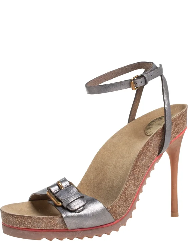 Metallic Faux Leather Ankle Strap Sandals
