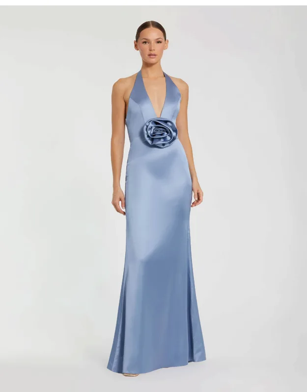 Satin Halter Slip Dress With Rosette