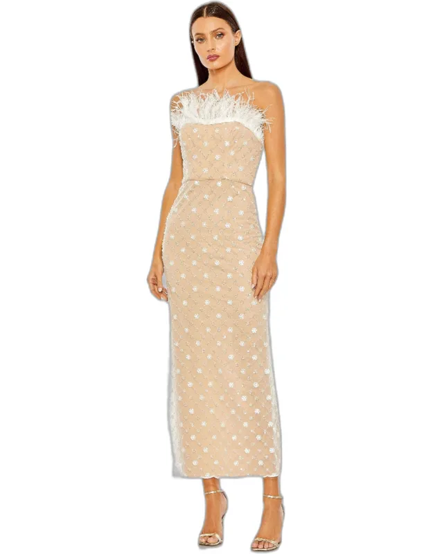 Embellished Feather Strapless Column Dress