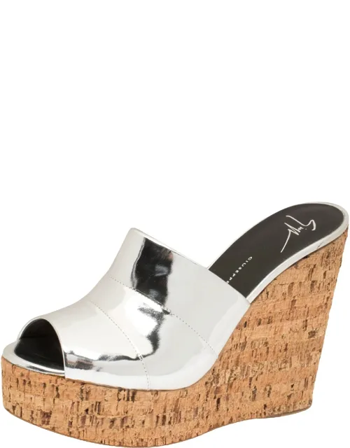 Metallic Silver Leather Cork Wedge Platform Slide Sandals