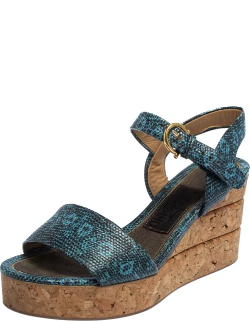 Lizard Embossed Leather Cork Wedge Sandals