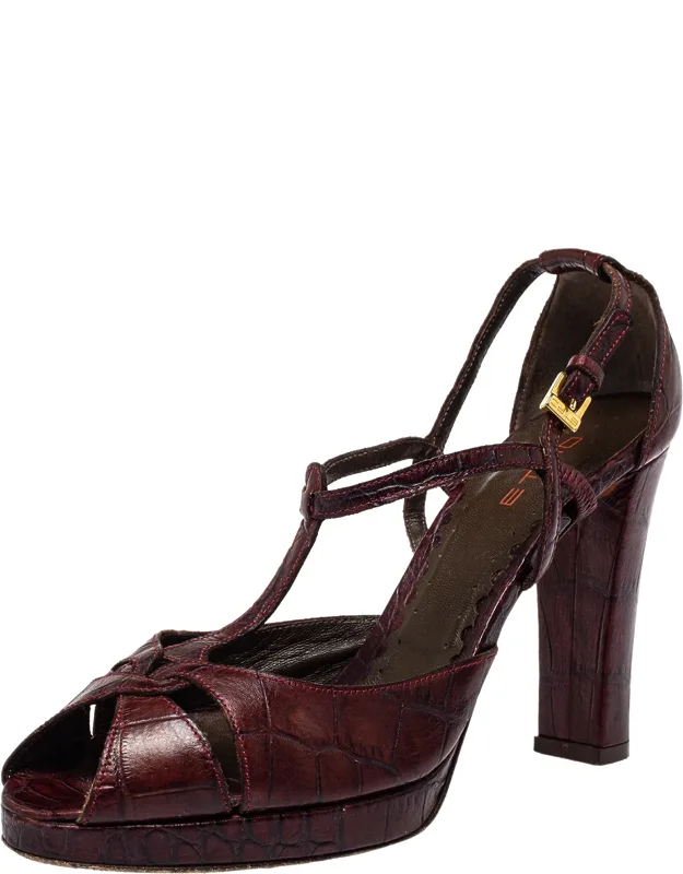 Croc Embossed Leather Peep Toe T Strap Sandals