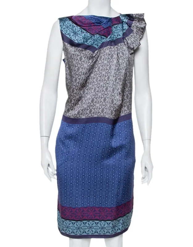 Printed Silk Draped Neck Detail Shift Dress
