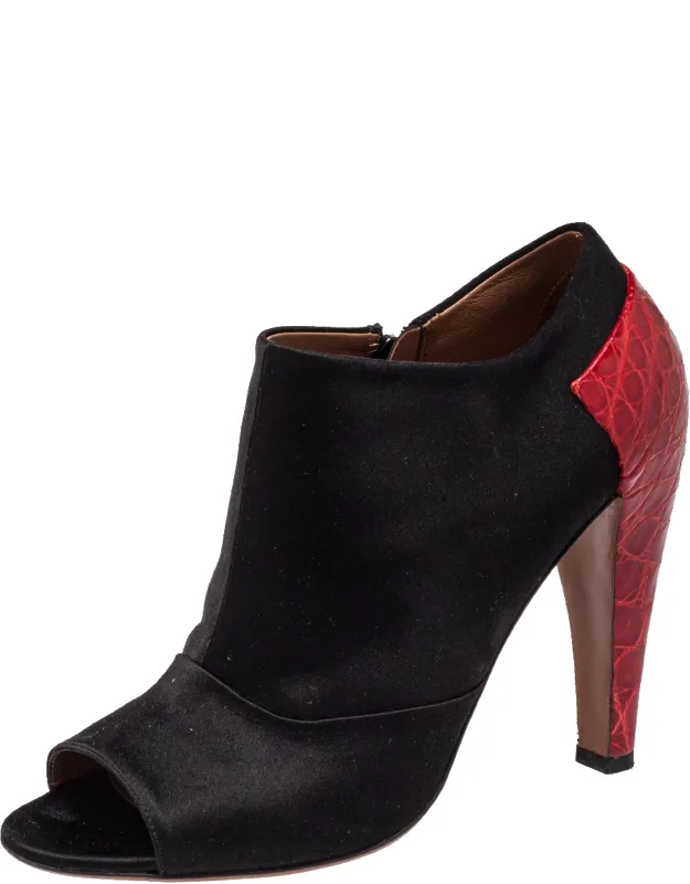 Satin And Croc-embossed Leather Ankle Boots