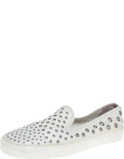 White Leather Eyelet Embellished Slip On Sneakers