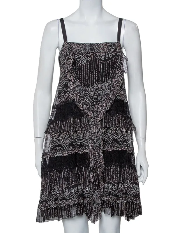Printed Silk Lace Trim Detail Tiered Mini Dress