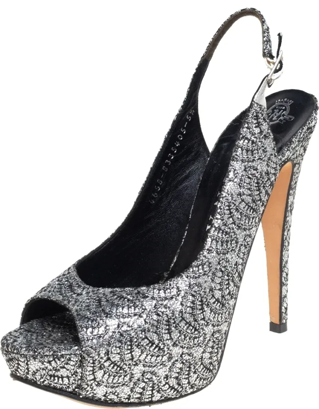 Metallic Silver Glitter Peep Toe Platform Slingback Sandals