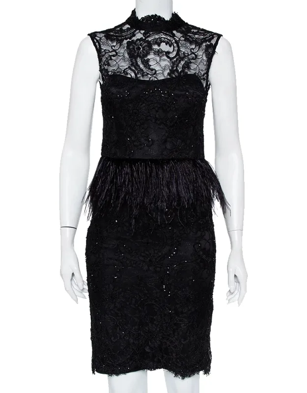 Embellished Lace & Feather Trim Peplum Dress