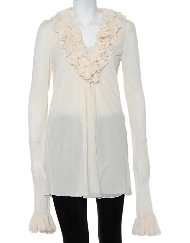 Cream Cotton Long Sleeve Ruffled Tunic