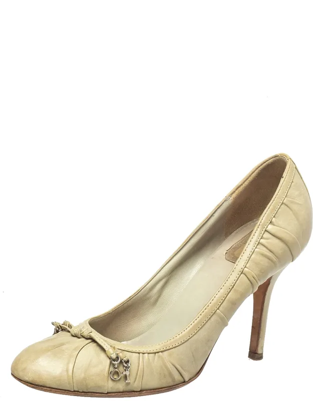 Leather Embellished Round Toe Slip On Pumps
