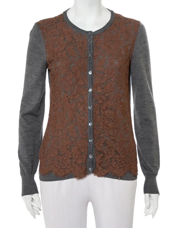 Wool Contrast Lace Trim Button Front Cardigan