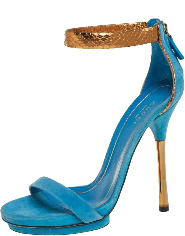 Suede And Python Leather Ankle Strap Platform Sandals