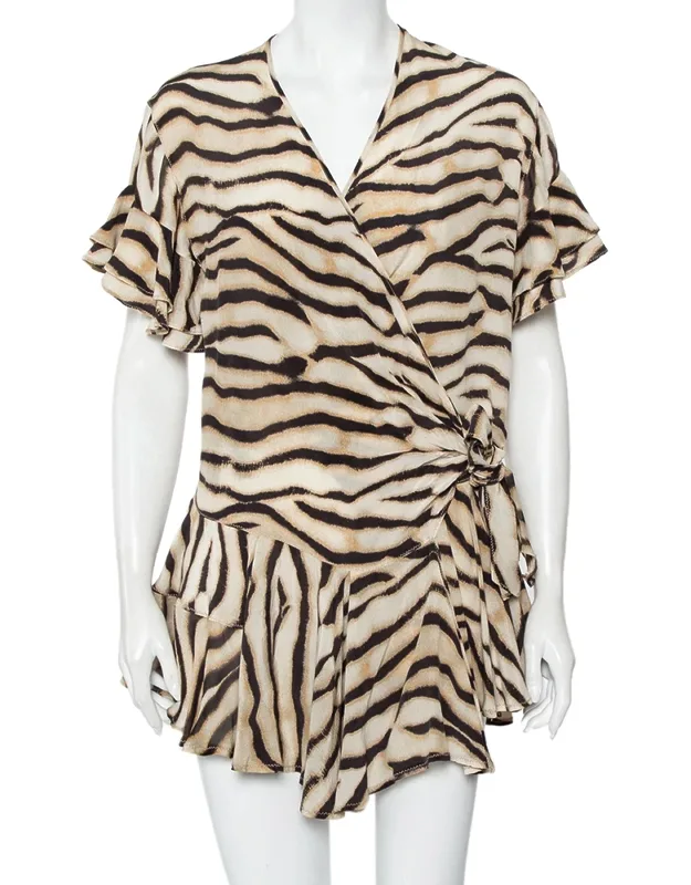 Animal Printed Silk Ruffled Mini Wrap Dress