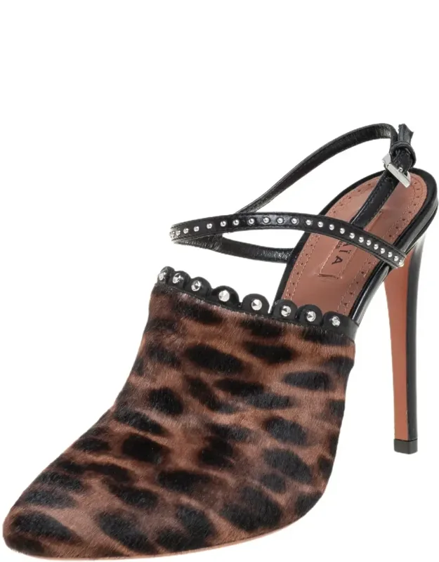 Leopard Print Calf Hair And Black Studded Leather Slingback Sandals