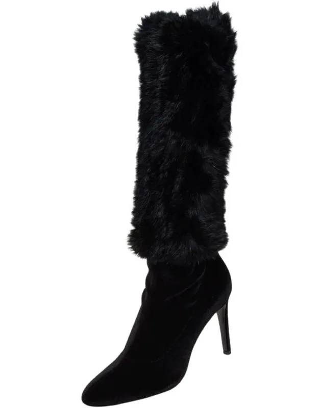 Stretch Fabric And Fur Knee High Boots