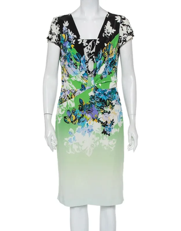 Multicolor Printed Silk Draped Detail Midi Dress