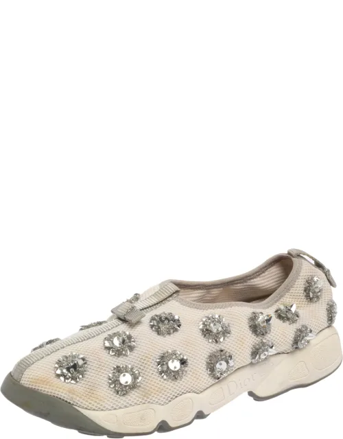 White Mesh Fusion Floral Embellished Slip On Sneakers