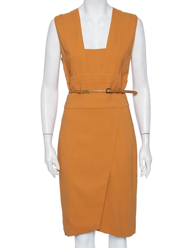Camel Crepe Pleated Detail Belted Sleeveless Dress