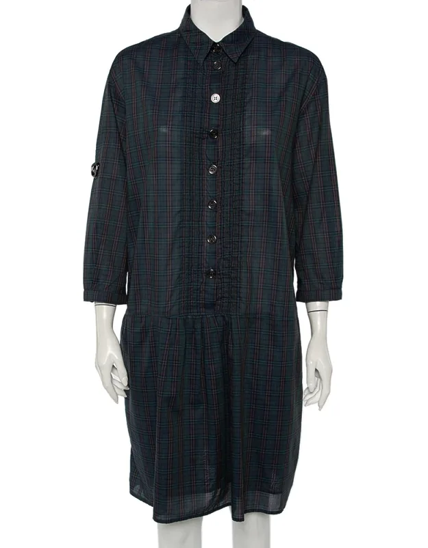 Checkered Cotton Pintuck Detail Shift Dress
