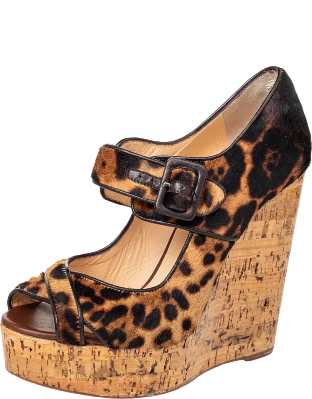Leopard Print Pony Hair Cork Wedge Sandals