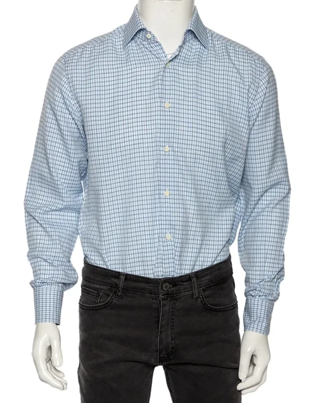 Light Blue Check Cotton Button Front Regular Fit Shirt