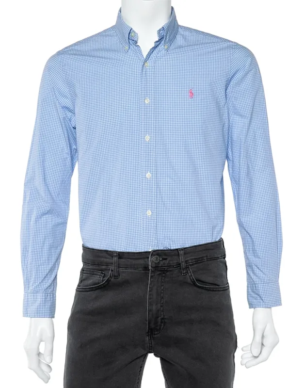 Light Blue Check Cotton Button Down Shirt