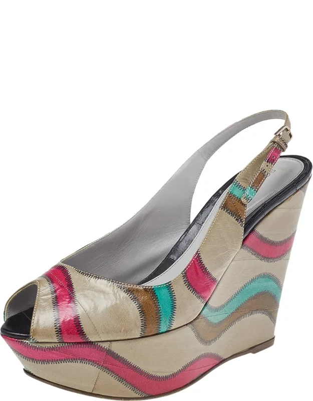 Multicolor Stitch Leather Platform Slingback Wedge Sandals