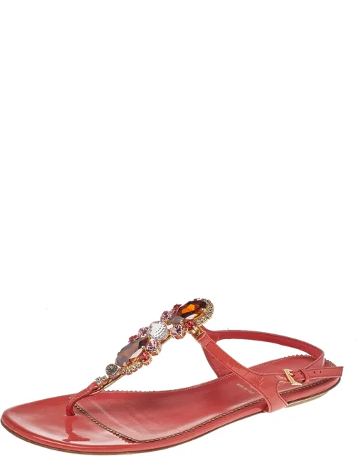 Orange Patent Leather Crystal Embellished Ankle Strap Flat Sandals