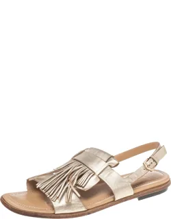 Metallic Leather Fringe Slingback Flat Sandals