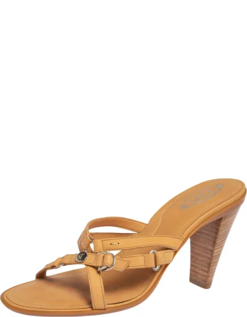 Tan Leather Strappy Slide Sandals