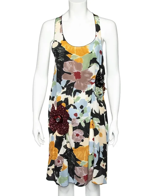 Multicolor Floral Printed Silk Sequin Embellished Shift Dress