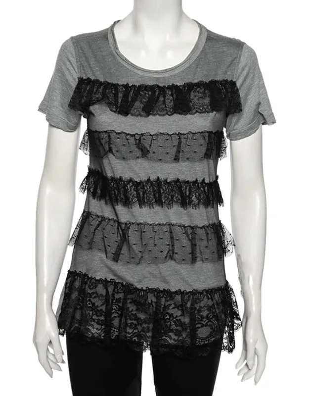 Ruffled Lace And Jersey Short Sleeve T-shirt