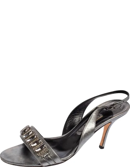 Metallic Bronze Leather Crystal Embellished Slingback Sandals