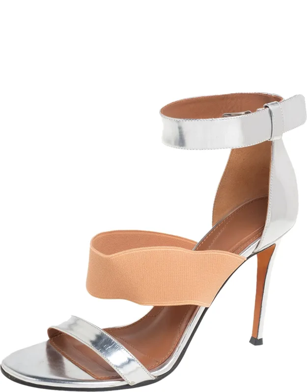 Silver Foil Leather And Fabric Ankle Cuff Sandals