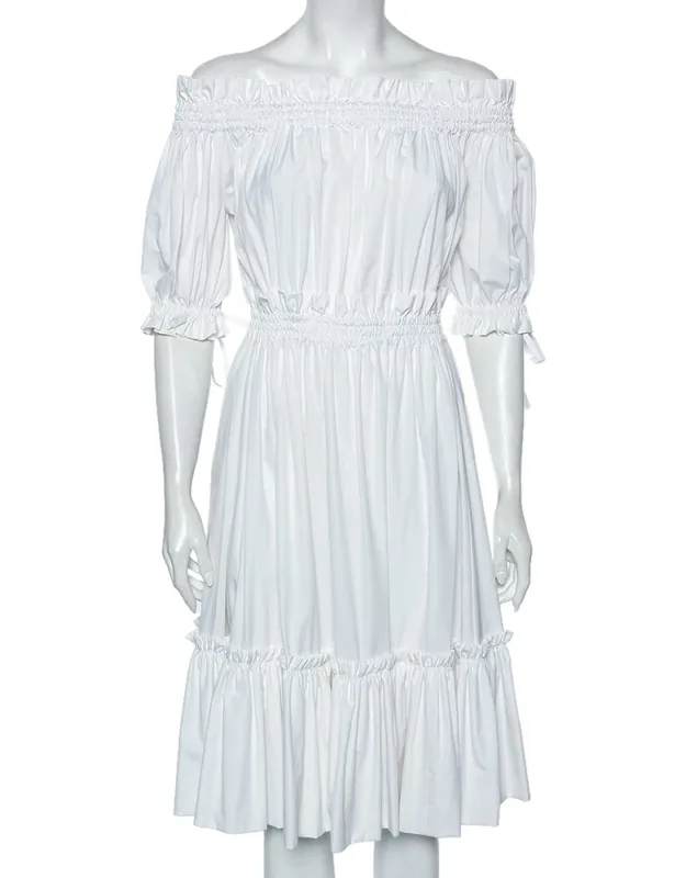 Cotton Ruched Tiered Off Shoulder Midi Dress