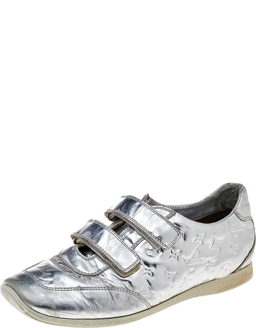 Silver Monogram Leather Velcro Strap Low Top Sneakers