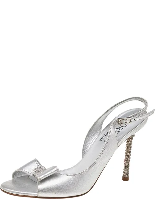 Metallic Silver Leather Crystal Embellished Ankle Strap Sandals