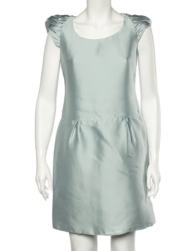 Light Blue Sateen Gathered Detailed Short Dress