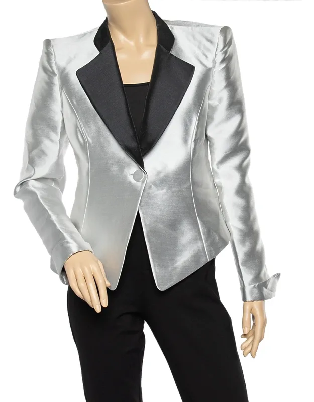 Metallic Silver Synthetic Contrast Detail Cropped Blazer