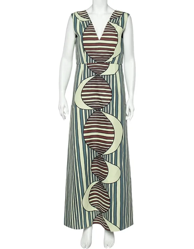 Multicolor Printed Knit Plunge Neck Sleeveless Maxi Dress