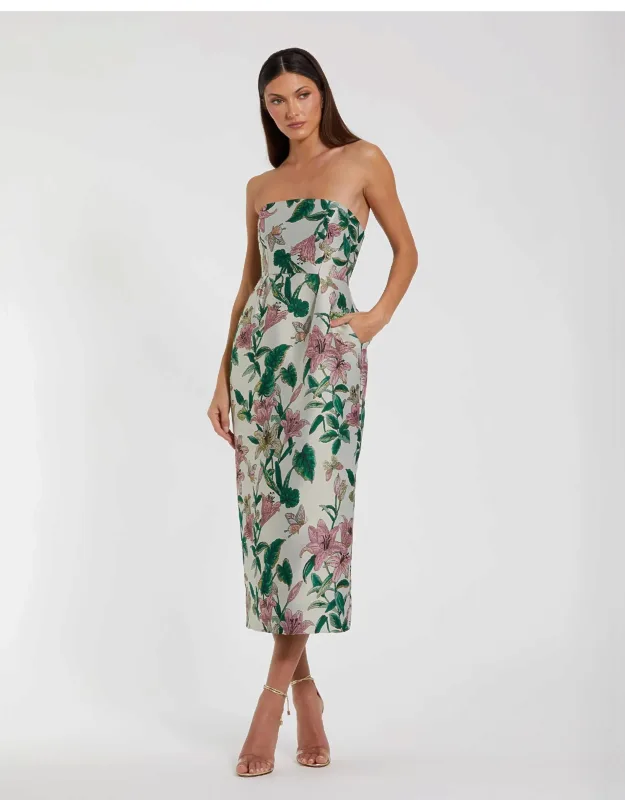 Multicolor Floral Brocade Strapless Fitted Midi Dress