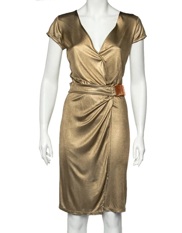Gold Metallic Belt Detail Faux Wrap Dress