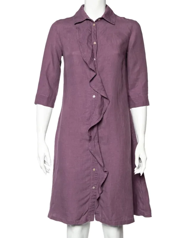Linen Ruffle Detail Button Front Midi Dress