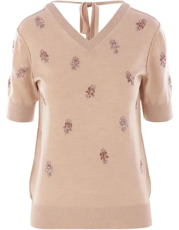 Floral Motif Embroidered Wool Cropped Jumper