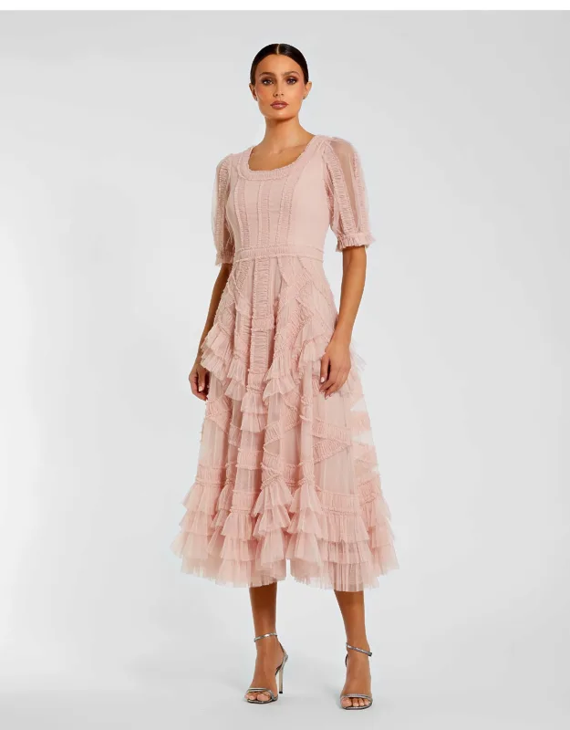 Short Sleeve Mesh Micro Ruffle Midi Dress