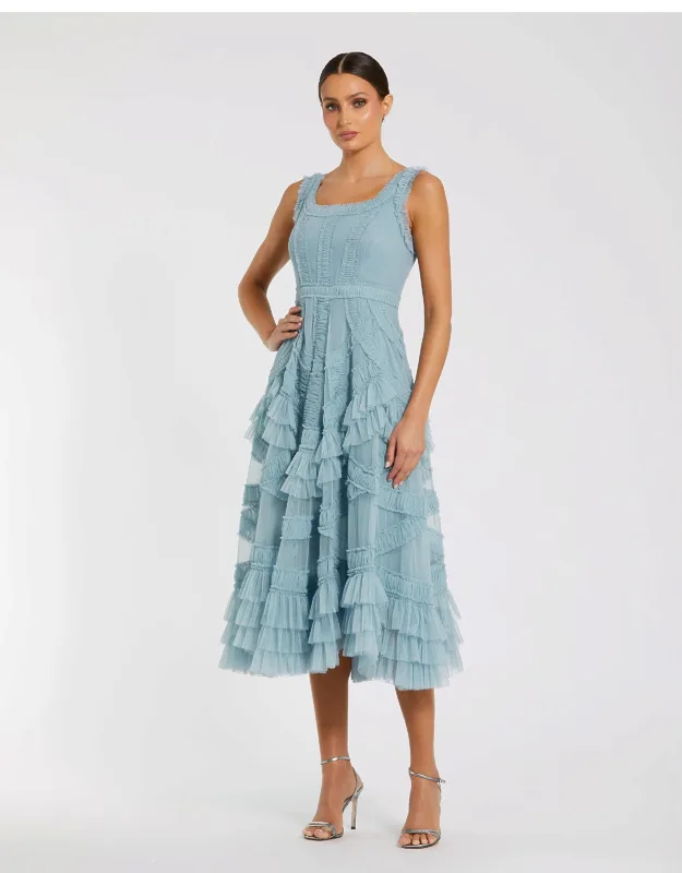 Scoop Neck Sleeveless Mesh Micro Ruffle Midi Dress