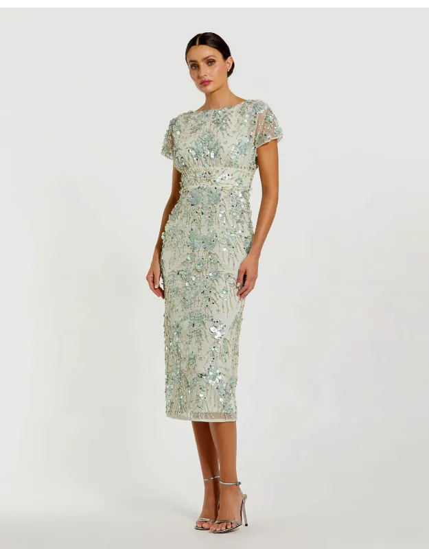 Embellished Mesh Fitted Cap Sleeve Midi Dress