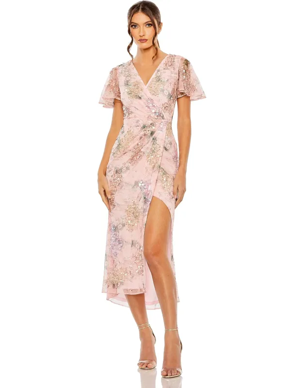 Printed Mesh Flutter Sleeve Faux Wrap Wedding Guest Midi Dress